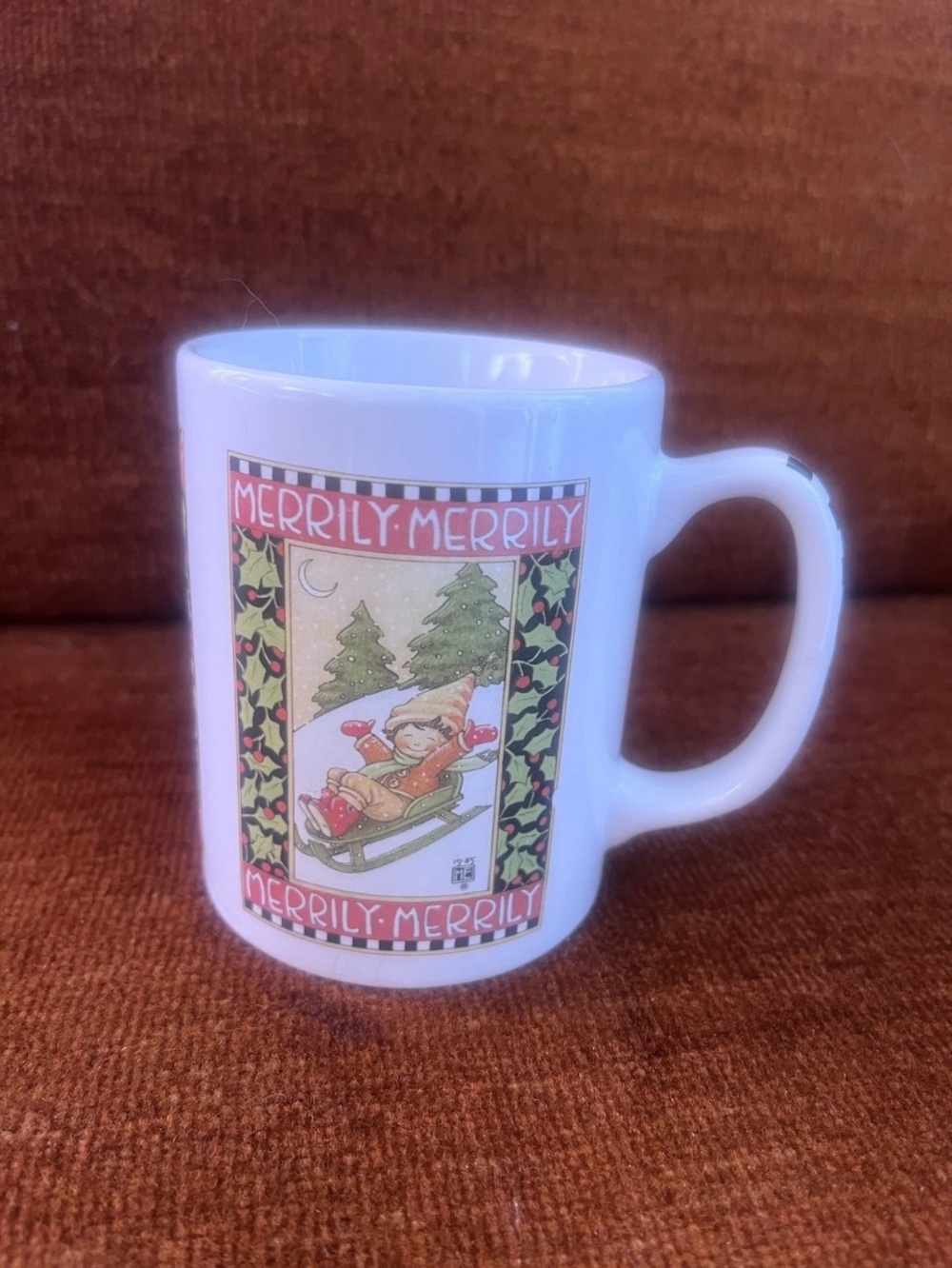 Vintage Mary Engelbreit Merrily 1985 Christmas Coffee Mug cocoa tea vtg cup Xmas